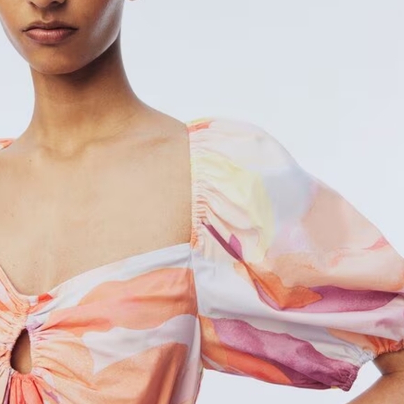 H&M Sweetheart Neckline Poplin Colorful Abstract Puff Sleeve Mini VacationDress - Picture 2 of 10